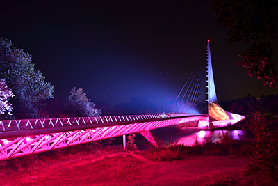 The Sundial Bridge in Redding, CA lit up pink for breast cancer awareness