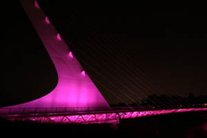 The Sundial Bridge in Redding, CA lit up pink for breast cancer awareness