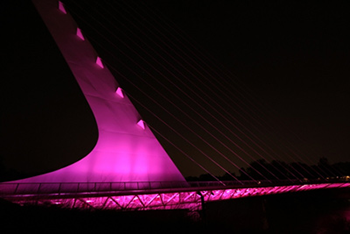 The Sundial Bridge in Redding, CA lit up pink for breast cancer awareness
